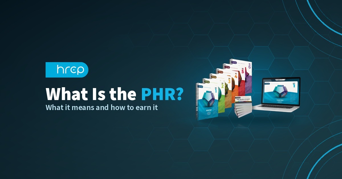HRCP logo and the headline What Is the PHR? beside 2026 HRCP print study books and a laptop showing the online edition.
